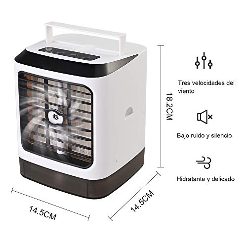 GOLDGE Mini Aire Acondicionado Portátil, Mini Enfriador Portátil USB Aire Acondicionado 3 en 1 Ventilador Purificador Humidificador para Hogar Oficina, 7 LED de Colores, 3 Velocidades Ajustable