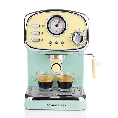 GOURMETmaxx Máquina de café expreso con colador eléctrico, pantalla analógica de temperatura, con calentador de tazas y vaporizador de leche (diseño retro, 1100 vatios)