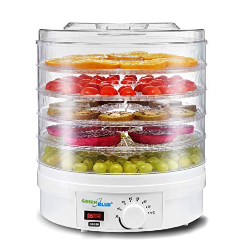 Green Blue GB190 Deshidratador con regulador de temperatura 35 - 70 °, secador de frutas, verduras, champiñones, hierbas, flores, carne, pescado, pasta, 5 placas bandejas de 3,5 cm 250 W