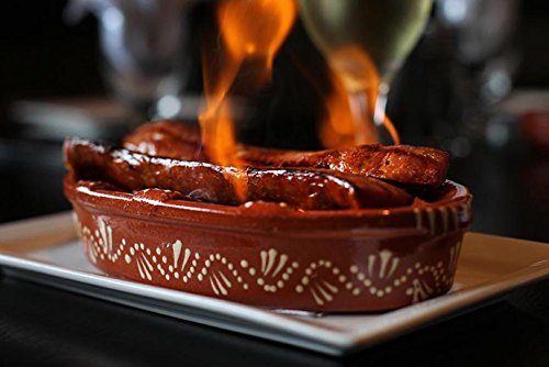 GreenEarthCo Plato de la salchicha de la parrilla, cocina de la salchicha, quemador portugués de la arcilla del chorizo."Assador de Chouriço", Hecho a mano en Portugal - Pintado