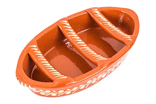 GreenEarthCo Plato de la salchicha de la parrilla, cocina de la salchicha, quemador portugués de la arcilla del chorizo."Assador de Chouriço", Hecho a mano en Portugal - Pintado