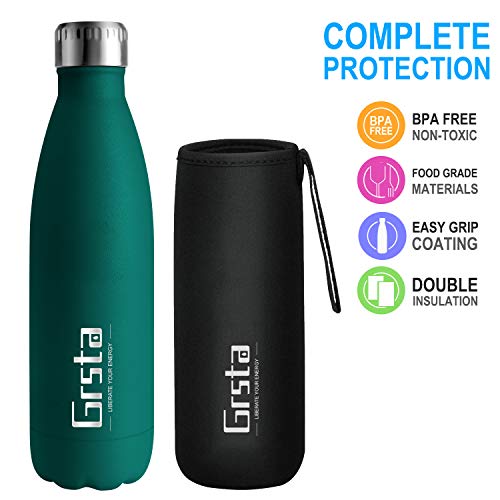 Grsta Botella de Agua, Botella Agua Acero Inoxidable sin BPA 500ml/Musgo Verde Completo Botellas de Frío/Caliente Termo Botellas Termica Prueba de Fugas para Niños, Adultos, Deporte, Yoga, Ciclismo