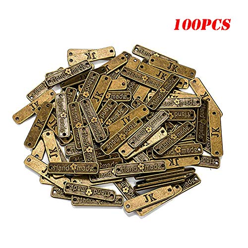 Guanici Etiqueta de metal hecho a mano Etiqueta hecha a mano de ropa Etiqueta hecha a mano con agujeros Diy artesanía joyería haciendo accesorios para jeans bolsos zapatos sombreros 100 piezas(Bronce)