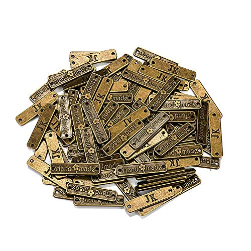 Guanici Etiqueta de metal hecho a mano Etiqueta hecha a mano de ropa Etiqueta hecha a mano con agujeros Diy artesanía joyería haciendo accesorios para jeans bolsos zapatos sombreros 100 piezas(Bronce)