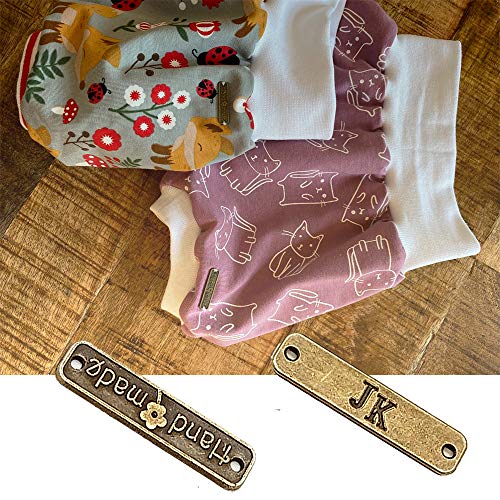 Guanici Etiqueta de metal hecho a mano Etiqueta hecha a mano de ropa Etiqueta hecha a mano con agujeros Diy artesanía joyería haciendo accesorios para jeans bolsos zapatos sombreros 100 piezas(Bronce)