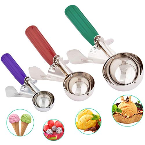 GuDoQi Cuchara para Helado con Gatillo Cucharas Pulido para Galletas Fruta De Acero Inoxidable 304 Dosificador De Helado Grande-Mediano-Pequeño (Juego De 3)