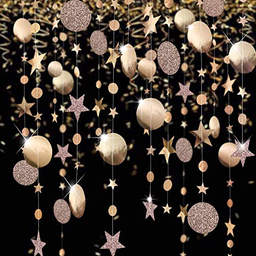 Guirnalda de Estrellas Puntos de Círculo Champán Decoración Colgante Reflectante Bandera Brillante de Papel Decoración de Fiestas de 52 pies para Boda/Aniversario/Cumpleaños/Bautizo de Bebé/Navidad