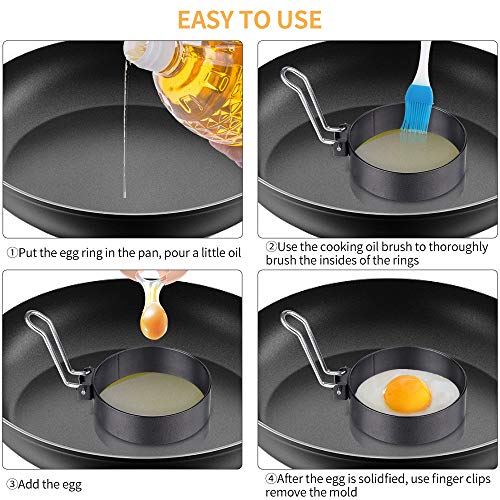 GuKKK Anillos de Huevo Antiadherentes, 4 Pcs Moldes para Huevos Fritos de Acero Inoxidable, Egg Rings, con Clip de Mano Anti-Escaldado y Cepillo de Aceite de Silicona, para Huevos Frito y Panqueques