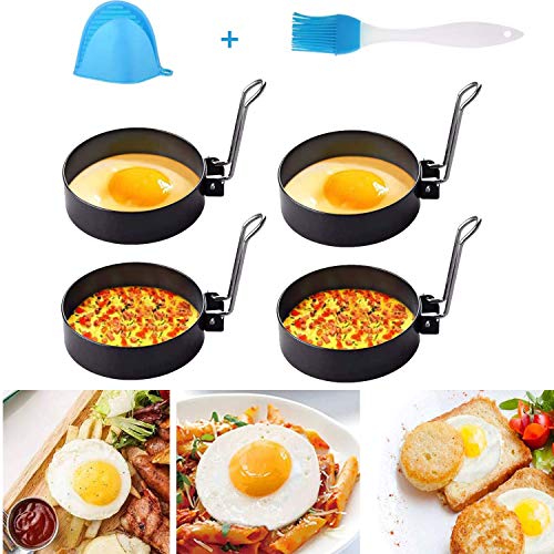 GuKKK Anillos de Huevo Antiadherentes, 4 Pcs Moldes para Huevos Fritos de Acero Inoxidable, Egg Rings, con Clip de Mano Anti-Escaldado y Cepillo de Aceite de Silicona, para Huevos Frito y Panqueques