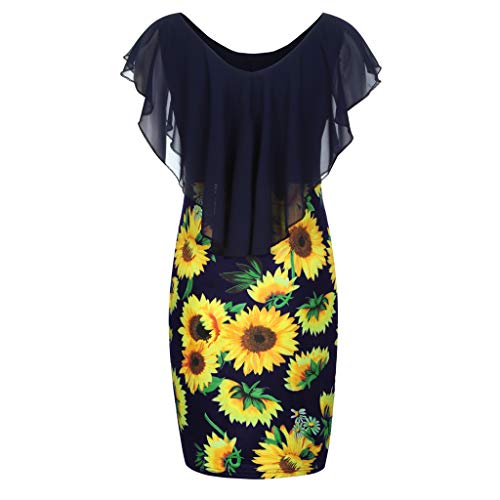 Gusspower Sexy Slim-Fit Vestido de Mujer Profundo V Bodycon Mini Vestidos Manga Corta con Volantes Lápiz Ajustados Falda Rodilla Estampado Floral Vintage Elegantes Vestido Coctel Fiesta Largo