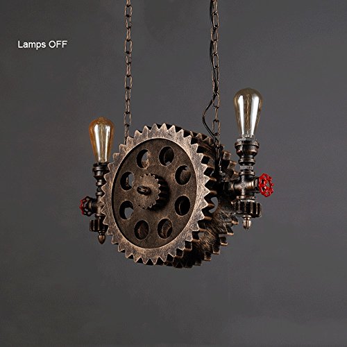 Gweat Lámpara industrial de la rueda del engranaje del estilo retro para el restaurante barra café escalera luz pendiente del pasillo color de bronce rueda de madera pipa de agua del metal E27 220V
