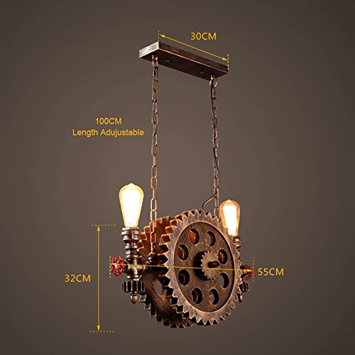 Gweat Lámpara industrial de la rueda del engranaje del estilo retro para el restaurante barra café escalera luz pendiente del pasillo color de bronce rueda de madera pipa de agua del metal E27 220V