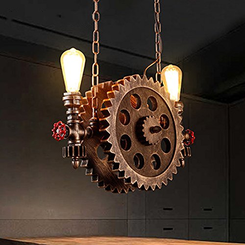 Gweat Lámpara industrial de la rueda del engranaje del estilo retro para el restaurante barra café escalera luz pendiente del pasillo color de bronce rueda de madera pipa de agua del metal E27 220V