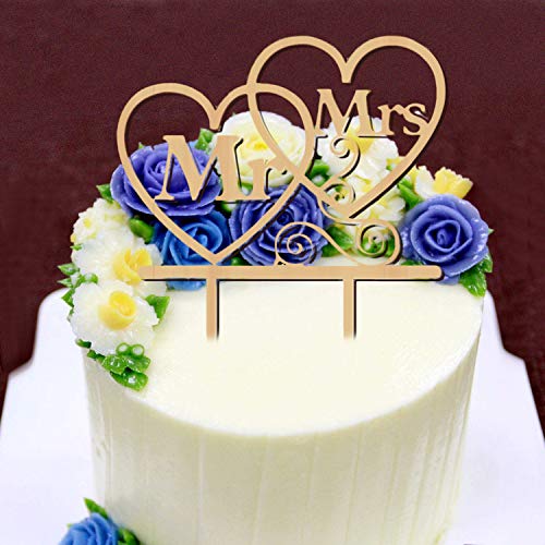 Gwolf Topper de pastel de bodas Sr. y Sra. Toppers de pastel de bodas Toppers de pastel de madera en forma de corazón para compromiso de bodas Aniversarios de San Valentín Decoración de pasteles
