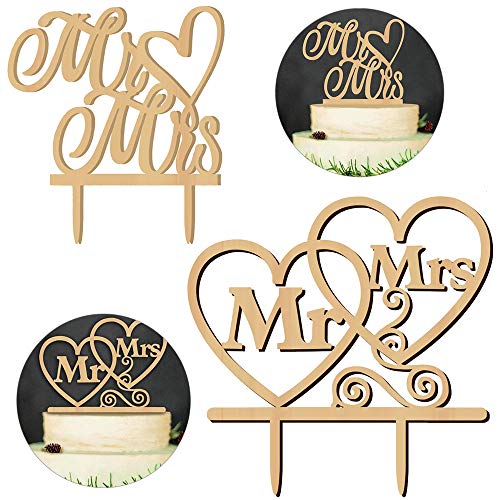 Gwolf Topper de pastel de bodas Sr. y Sra. Toppers de pastel de bodas Toppers de pastel de madera en forma de corazón para compromiso de bodas Aniversarios de San Valentín Decoración de pasteles
