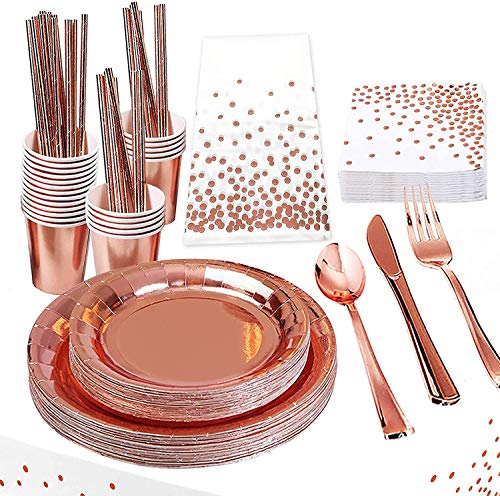 Gxhong Vajilla de Fiesta Oro Rosa, 193 Piezas Suministros de Fiesta, Platos Taza Tenedor Pajitas Servilletas Mantel Juego de Vajilla Papel Desechable para Bodas Cumpleaños Aniversario -24 invitados