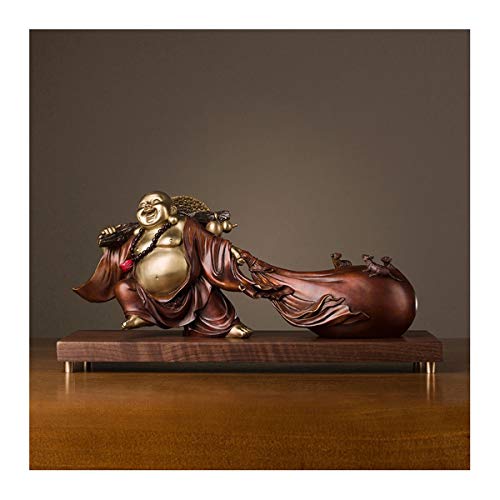 H-ei Latón Permanente Buda de Risa la celebración de Figuras Bolsa de Dinero for el Feng Shui Buena Suerte y Felicidad (9,1 Pulgadas)