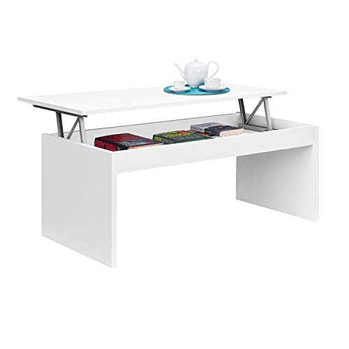Habitdesign 001638BO - Mesa de Centro elevable, mesita Mueble Salon Comedor, Medidas: 102 cm (Ancho) x 50 cm (Fondo) x 43/52 cm de (Alto) (Blanco Brillo)