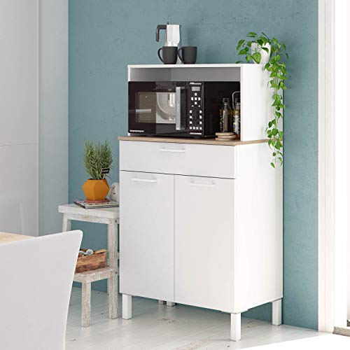 Habitdesign 0F9920A - Alacena de Cocina, Aparador, Mueble Auxiliar 2 Puertas + 1 Cajon y Estante, Blanco Artik y Roble Canadian, Medidas: 72 cm (Largo) x 126 cm (Alto) x 40 cm (Fondo)