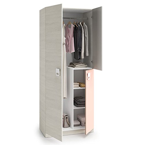 Habitdesign 0M7448Y - Armario Juvenil Infantil, Acabado en Blanco Alpes, Gris y Rosa Pastel, Medidas: 90 cm (Largo) x 200 cm (Alto) x 52 cm (Fondo)