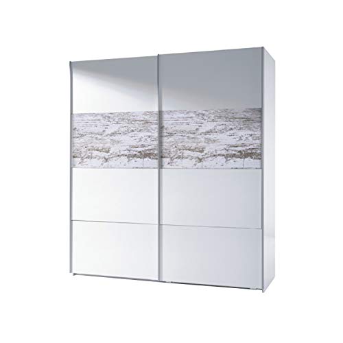 Habitdesign ARC181BO - Armario corredera Vintage, Acabado Blanco Brillo y Decapé, Medidas: 180 cm (Ancho) x 200 cm (Alto) x 61 cm (Fondo)