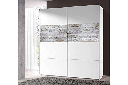 Habitdesign ARC181BO - Armario corredera Vintage, Acabado Blanco Brillo y Decapé, Medidas: 180 cm (Ancho) x 200 cm (Alto) x 61 cm (Fondo)