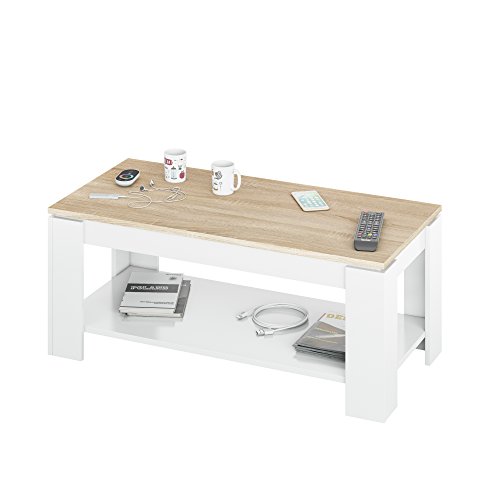 Habitdesign Mesa de Centro con revistero Incorporado, 102x50x43/54 cm (Blanco Artik - Roble Canadian)
