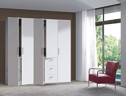 Habitdesign WRD353BO - Armario tres puertas y tres cajones, acabado en color Blancoo Brillo, medidas: 117x203x52 cm de fondo