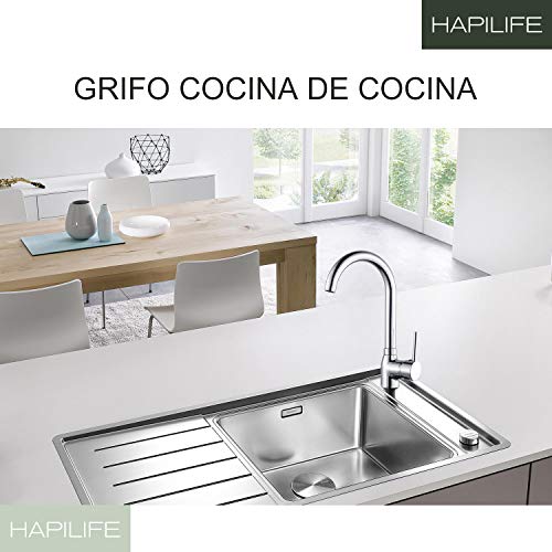 Hapilife Grifo Cocina Grifos de Cocina Grifo Fregadero Grifo Monomando Cocina Griferia Cocina con Caño Giratorio 360 °Cromado Antical 10 Años de Garantía
