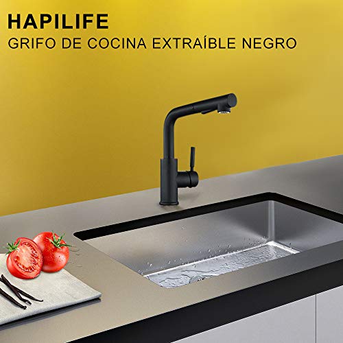 Hapilife Grifo Cocina Negro Grifos de Cocina Grifo Cocina Extraible Negro Grifo de Cocina fregadero Negro Grifo Cocina Alto Griferia Cocina Negro con Doble Chorros Antical Giratorio