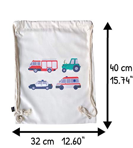 HECKBO Gimnasio Infantil - Impreso por Ambos Lados con 4 brigadas de Bomberos, Tractor, Ambulancia y policía - Gymsack, Mochila, Bolsa de Juegos, Bolsa de Deportes, Bolsa de Zapatos, Bolsa para niños