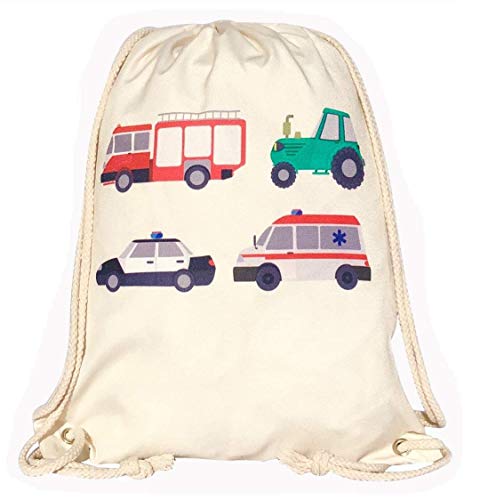 HECKBO Gimnasio Infantil - Impreso por Ambos Lados con 4 brigadas de Bomberos, Tractor, Ambulancia y policía - Gymsack, Mochila, Bolsa de Juegos, Bolsa de Deportes, Bolsa de Zapatos, Bolsa para niños