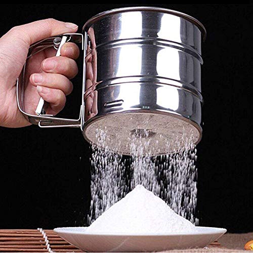 Hemore Baking - Cuenco de acero inoxidable con medidor de manivela de malla para harina, azúcar, tamaño pequeño, cuidado del bebé