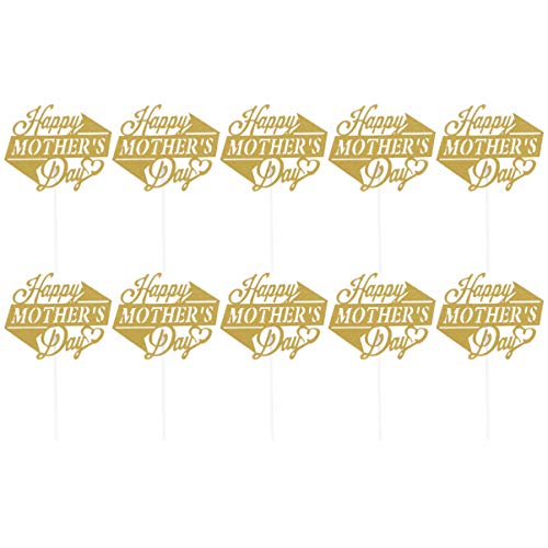 Hemoton 10 Piezas Feliz Día de La Madre Toppers de Pastel Glitter Cupcake Picks Decoración de Pastel Día de La Madre Suministros de Fiesta de Cumpleaños Dorado