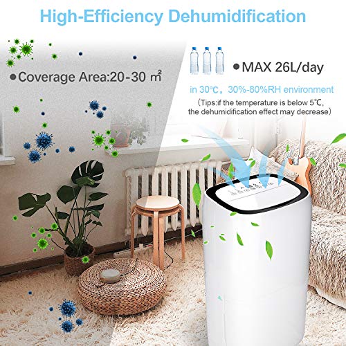 Hengda 26L Deshumidificador Compacto y Portátil Purificador de Aire Dehumidifier Bajo Consumo Silencioso función Secado