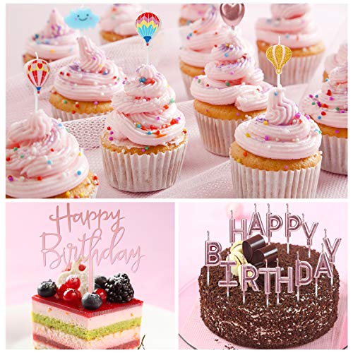 Herefun Adornos de Pastel de Cumpleaños, Velas de Pastel de Cumpleaños de Oro Rosa HAPPY BIRTHDAY Velas Amor Corazón de Tartas de Letras Decoraciones Topper para Cumpleaños Fiesta Temática Romántico