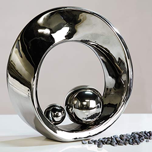 Hermosa escultura SPIN plata de cerámica con 2 bolas de color plata, altura 21 cm