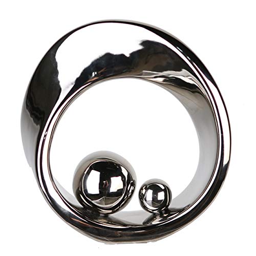 Hermosa escultura SPIN plata de cerámica con 2 bolas de color plata, altura 21 cm