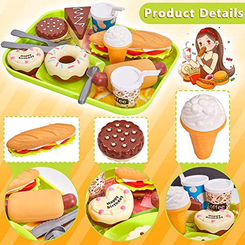HERSITY Comida Cocinitas Juguete Alimentos Hamburguesas Helados Pastel Plastico de Juguete con Bandeja Juegos de rol Regalos para Niños 3 4 5 Años