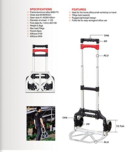 HERZO Carretilla Plegable de Transporte Carretilla de Mano Plegable (Máxima 70kg)