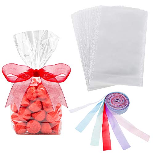 Hestya 50 Piezas 15 x 25 cm Bolsa de Celofán de Fondo de Bloque Transparente Bolsa de Dulces/ Fiesta/ Regalo/ Hogar con Lazos de Bolsa Coloridos (Estilo B)