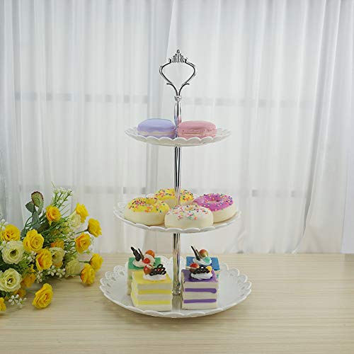 Hetoco 3 Pisos Blanco Plateado Bandeja de Tartas Torre de Postres Soporte para Tartas Cupcakes Food Dessert al Pomeriggio Tea Party Compleanno(Juego de 2)-S