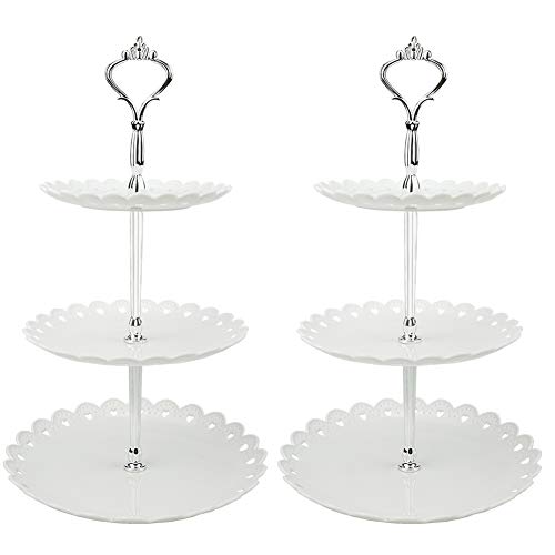 Hetoco 3 Pisos Blanco Plateado Bandeja de Tartas Torre de Postres Soporte para Tartas Cupcakes Food Dessert al Pomeriggio Tea Party Compleanno(Juego de 2)-S