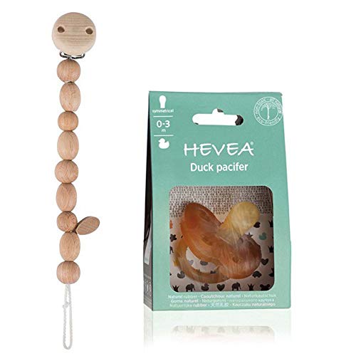 HEVEA Chupete 0+ desde el nacimiento, pieza extra pequeña para recién nacidos y tempranos // caucho natural // Diseño de pato // Forma simétrica & Heimesss Madera Cadena para chupete perlas naturales