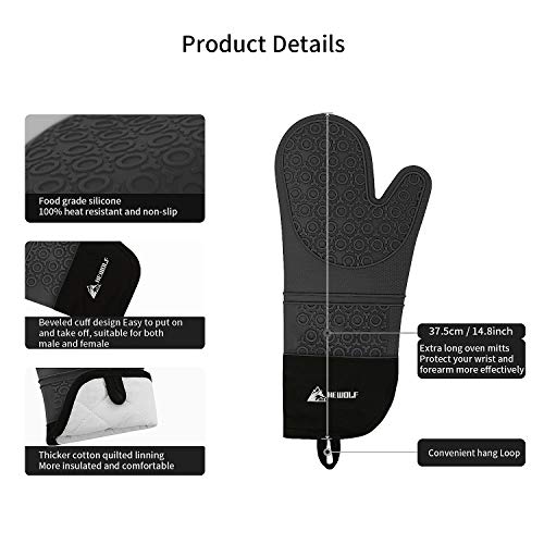 HEWOLF Manoplas de Horno de Silicona Guantes de Horno Resistentes al Calor Antideslizantes Guantes de Cocina Largos con Cepillos y Espátulas de Silicona para Cocinar Asar Hornear, 1 par Negro