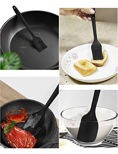 HEWOLF Manoplas de Horno de Silicona Guantes de Horno Resistentes al Calor Antideslizantes Guantes de Cocina Largos con Cepillos y Espátulas de Silicona para Cocinar Asar Hornear, 1 par Negro