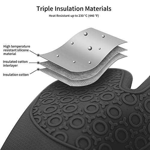 HEWOLF Manoplas de Horno de Silicona Guantes de Horno Resistentes al Calor Antideslizantes Guantes de Cocina Largos con Cepillos y Espátulas de Silicona para Cocinar Asar Hornear, 1 par Negro