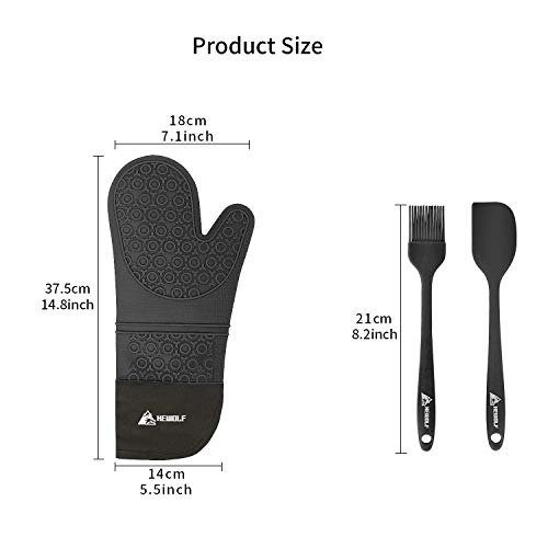 HEWOLF Manoplas de Horno de Silicona Guantes de Horno Resistentes al Calor Antideslizantes Guantes de Cocina Largos con Cepillos y Espátulas de Silicona para Cocinar Asar Hornear, 1 par Negro
