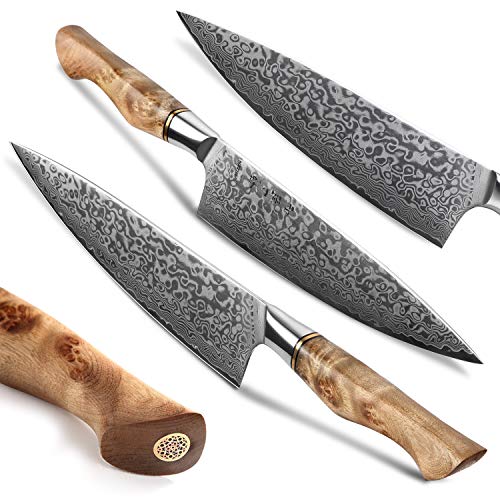 HEZHEN cuchillo de Chef profesional de acero de Damasco de 21cm, cuchillo de cocina VG10 cuchillo Gyuto cuchillo de sushi, adecuado para restaurantes familiares Figured Sycamore Wood Handle
