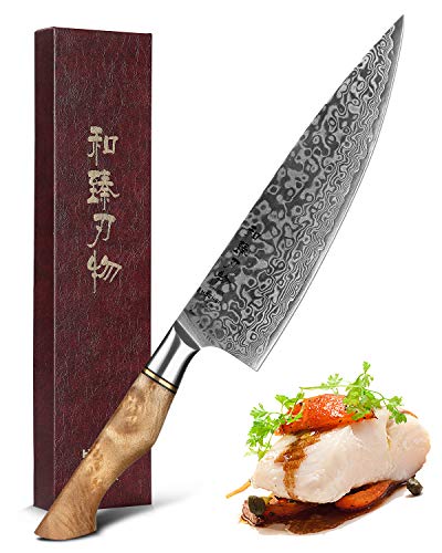 HEZHEN cuchillo de Chef profesional de acero de Damasco de 21cm, cuchillo de cocina VG10 cuchillo Gyuto cuchillo de sushi, adecuado para restaurantes familiares Figured Sycamore Wood Handle